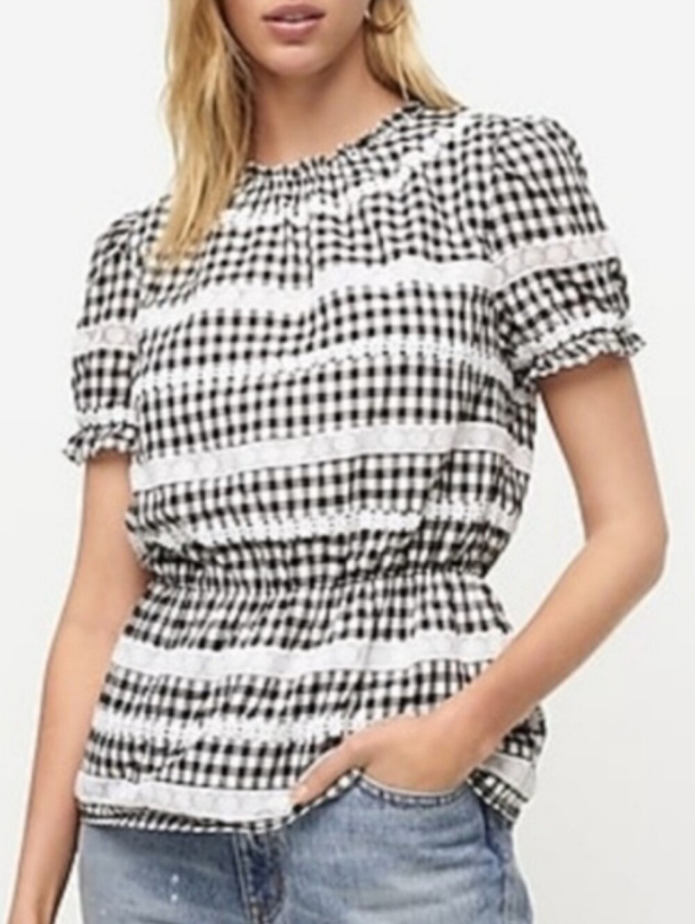 J. Crew 100% Cotton Black and White Gingham Smocked Peplum Top Size XL